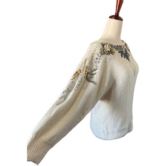 Vintage Beaded Sequin SILK ANGORA Cream Ivory Gold Black Silver Sweater Sz Large - Picture 6 of 11